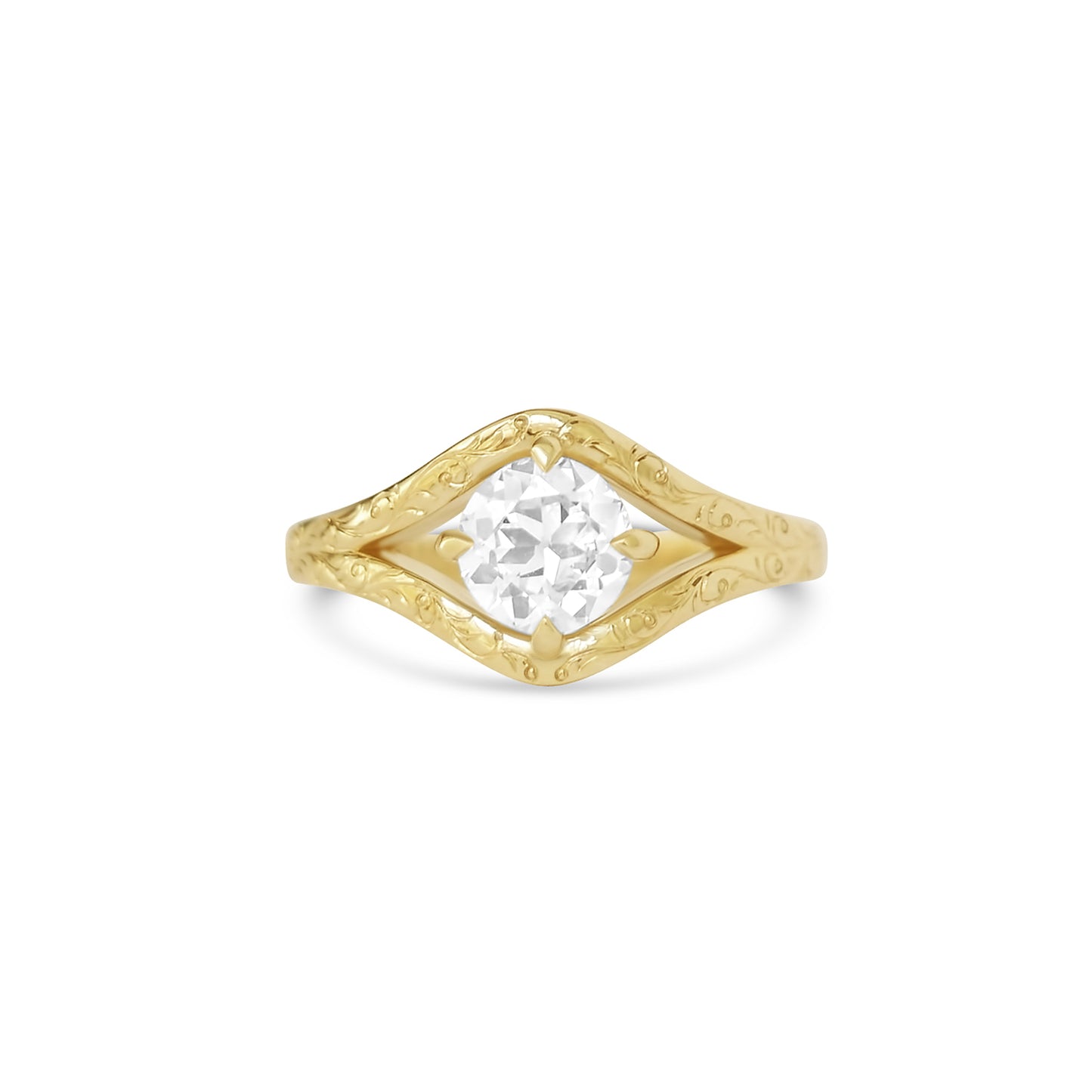 Engraved Split Shank Old European Cut Diamond Ring