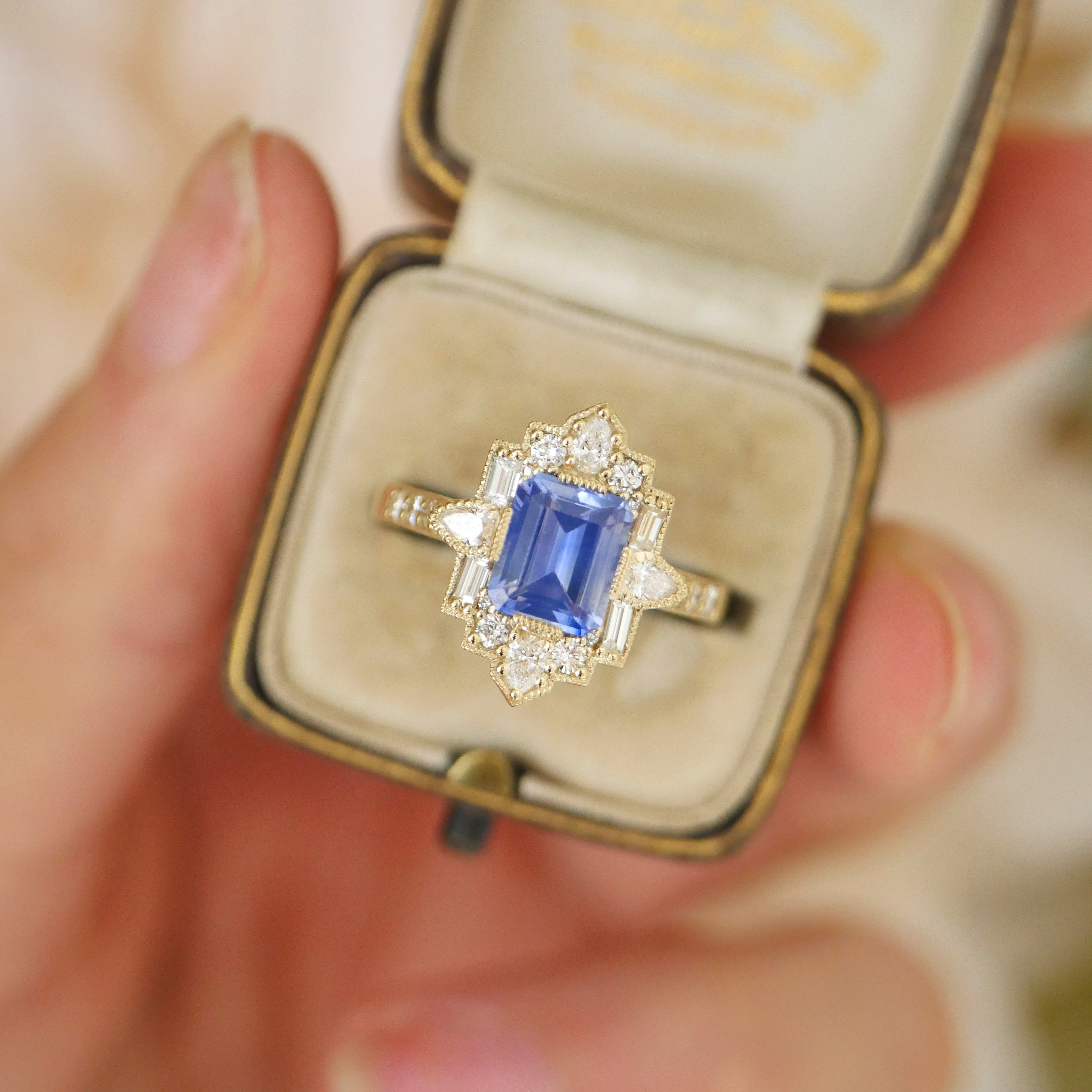 Cornflower Blue Sapphire Deco Pear and Emerald Cut Diamond Ring