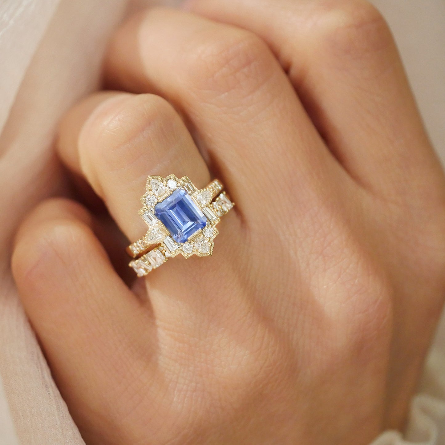 Emerald Blue Sapphire Deco Pear and Emerald Cut Diamond Ring