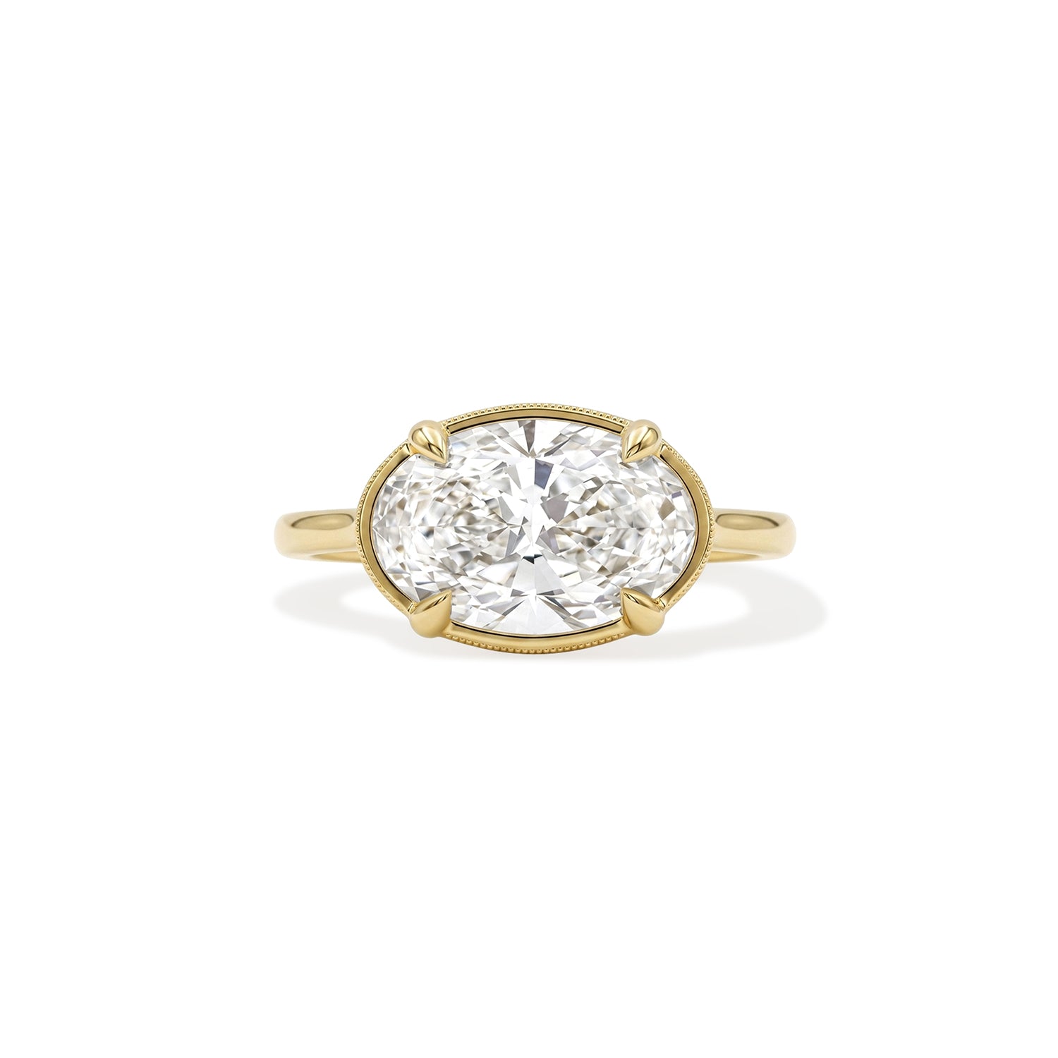 Custom East West Oval Diamond Ring w/ Milgrain Border & Hand Engraved Basket