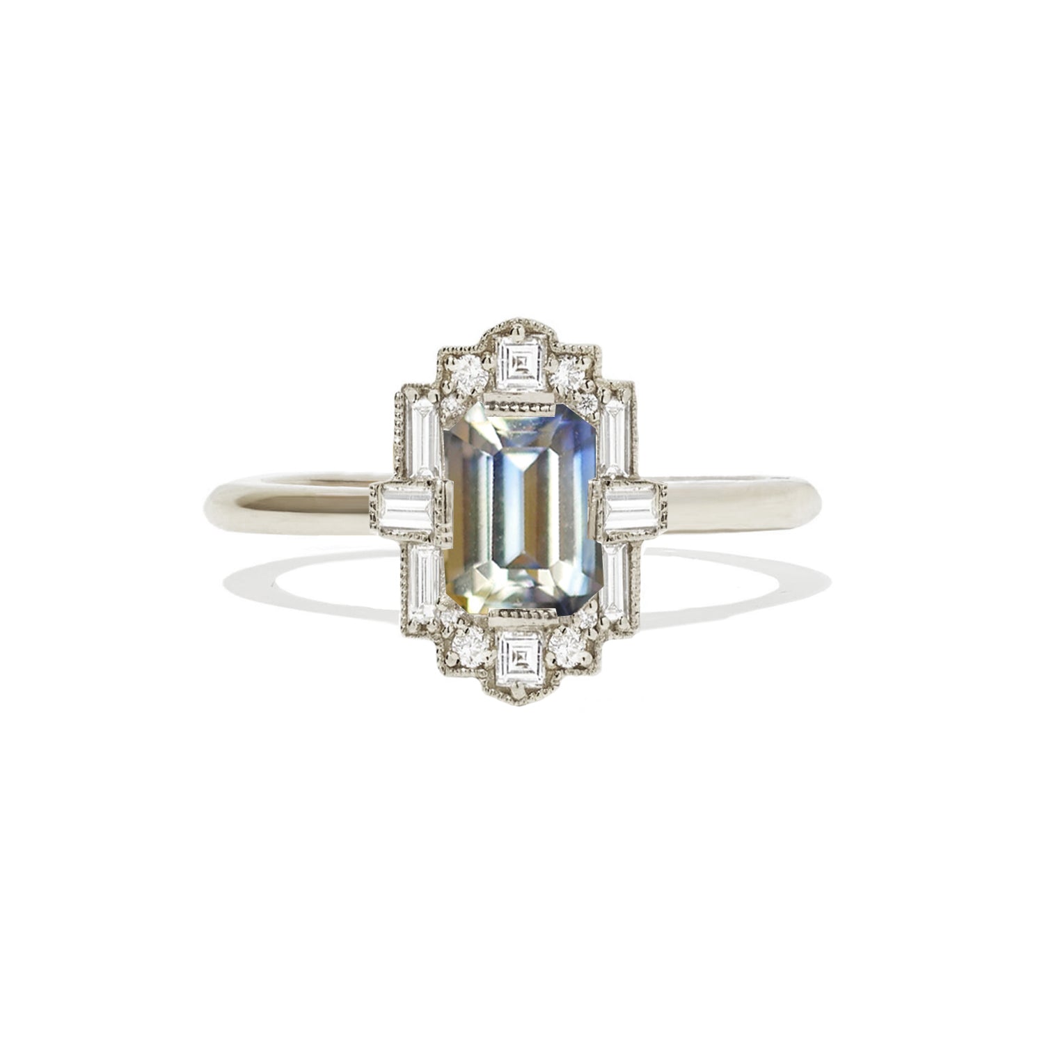 Bi-Color Sapphire Deco Emerald Cut Diamond Mosaic Ring