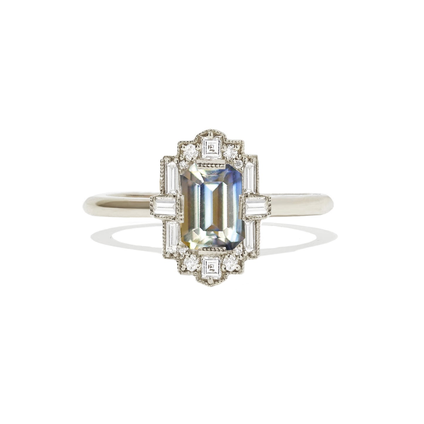 Bi-Color Sapphire Deco Emerald Cut Diamond Mosaic Ring