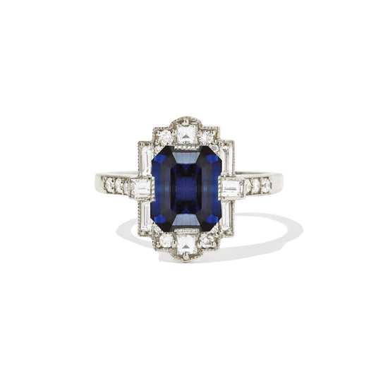 Ceylon Sapphire Deco Emerald Cut Diamond Mosaic Ring