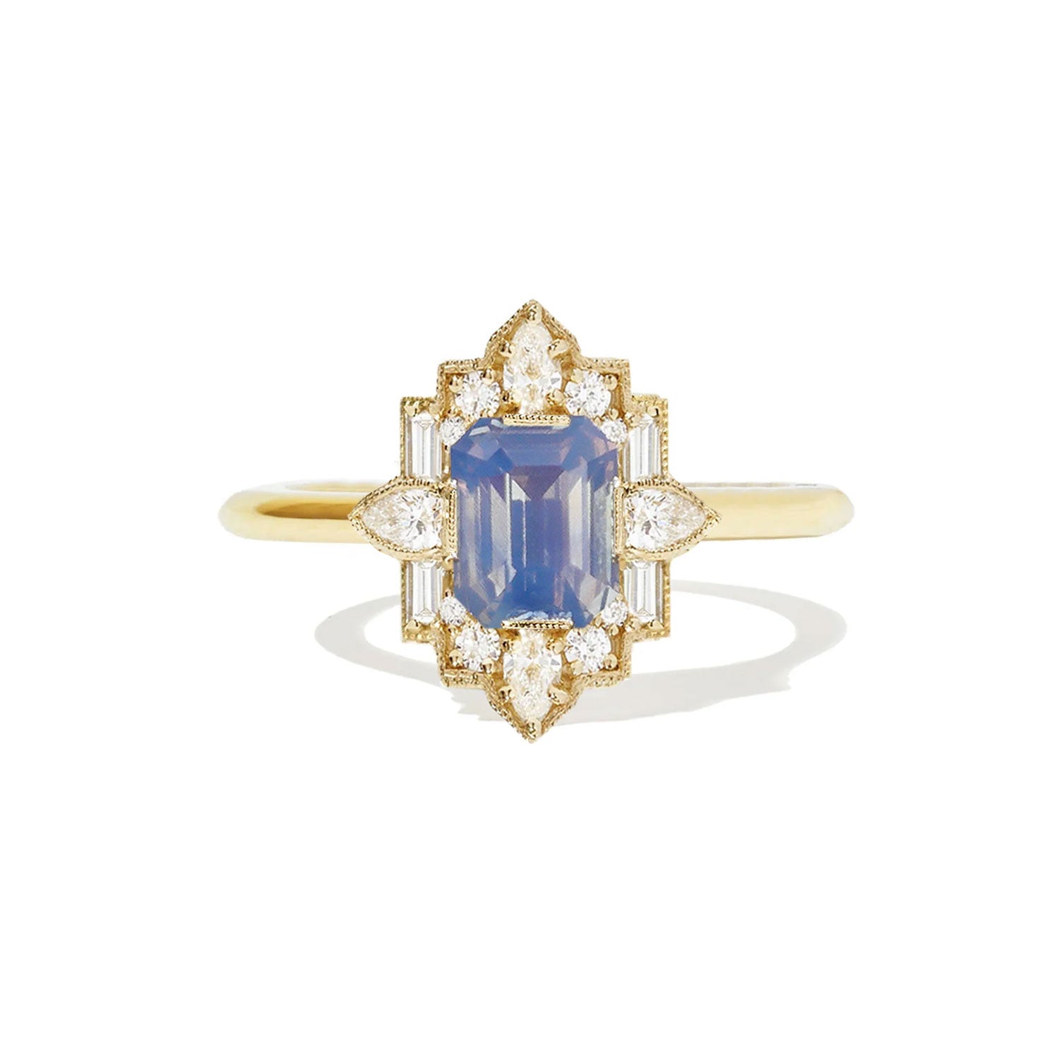 Opalescent Light Blue Sapphire Deco Emerald & Pear Diamond Mosaic Ring