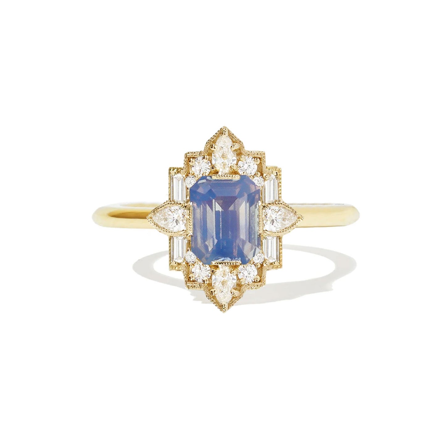 Opalescent Light Blue Sapphire Deco Emerald & Pear Diamond Mosaic Ring