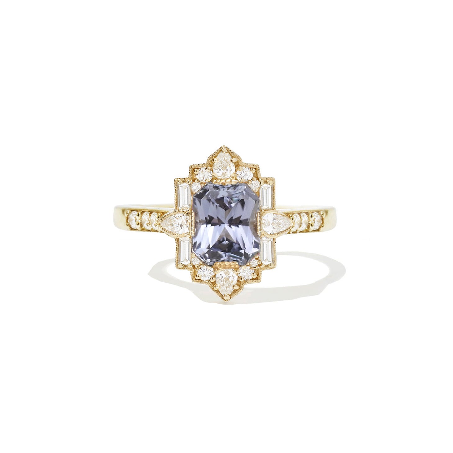 Grey Violet Radiant Sapphire Deco Pear & Emerald Ring