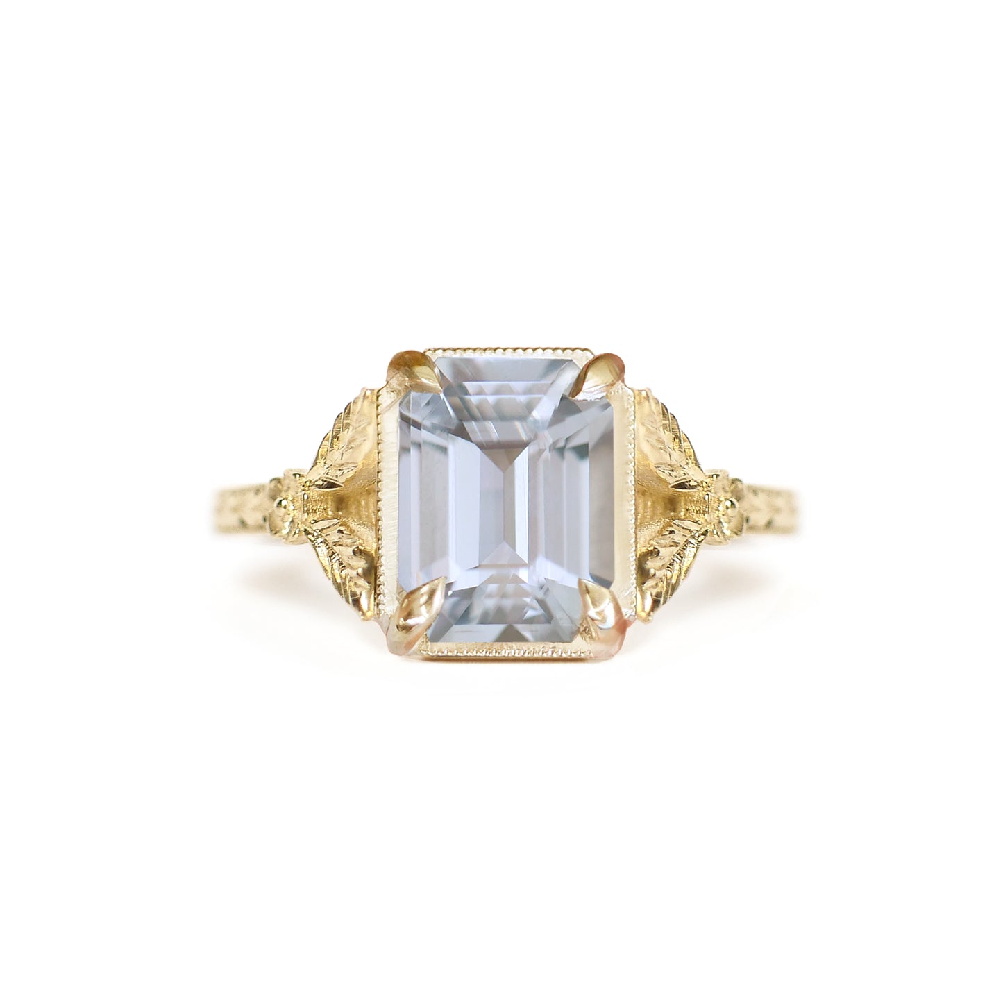 Light Grey Green Sapphire Split Shank Solitaires w/leaves