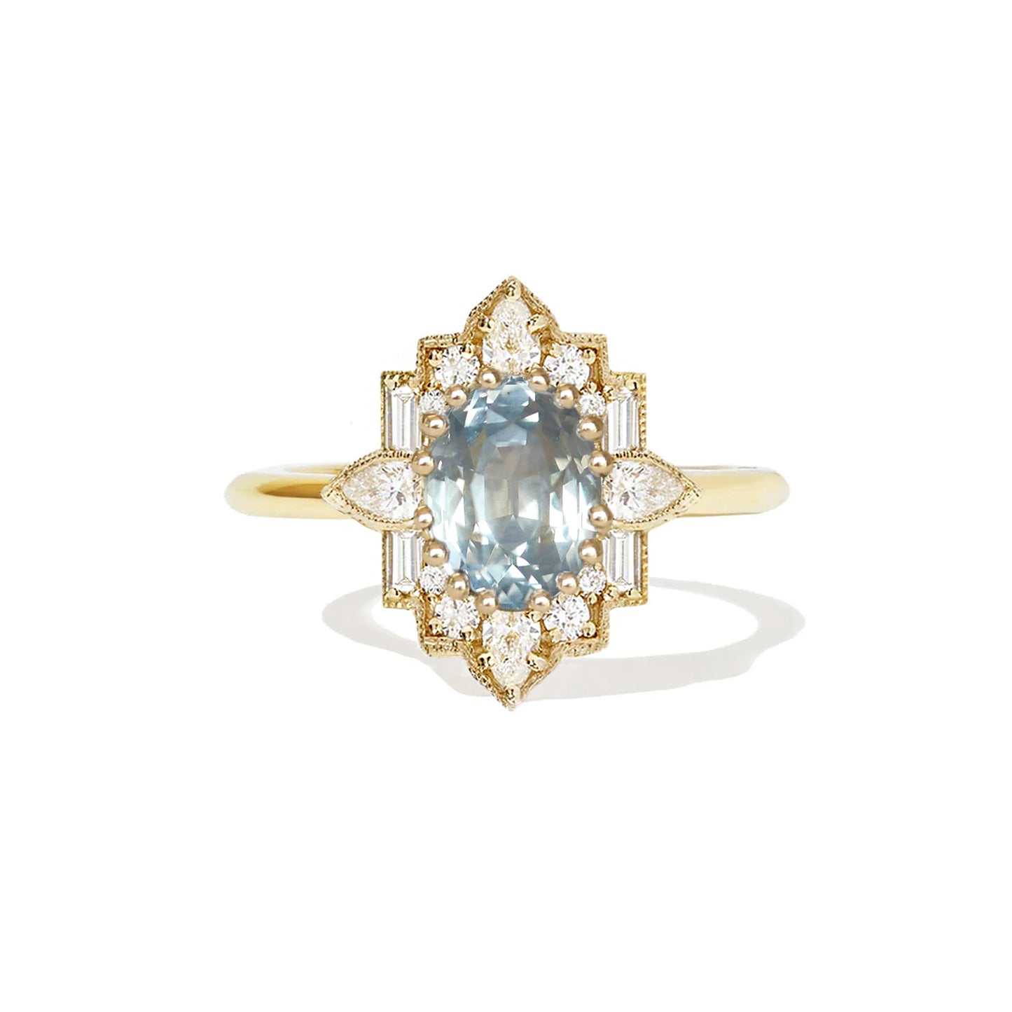 Seafoam Montana Sapphire Deco Emerald & Pear Diamond Mosaic Ring