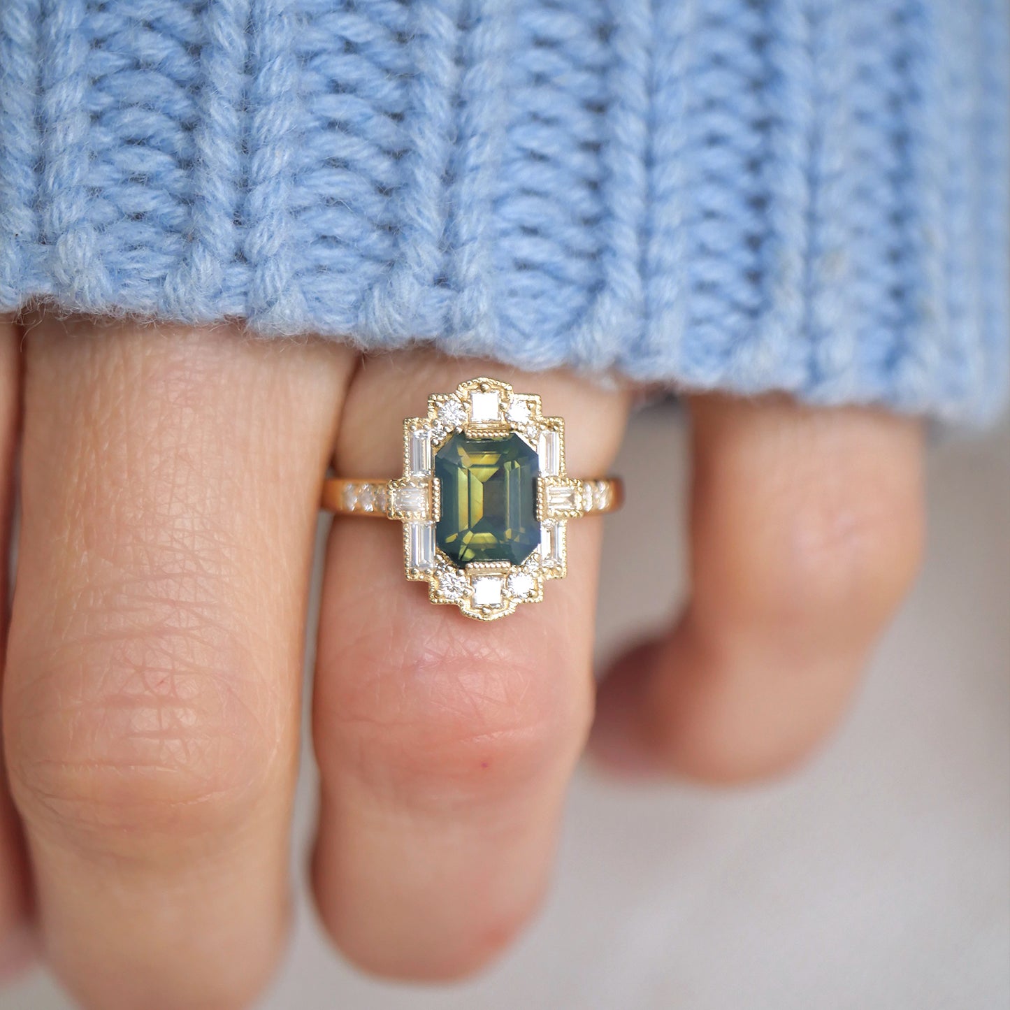 Opalescent Green Bi Color Deco Emerald Cut Diamond Mosaic Ring