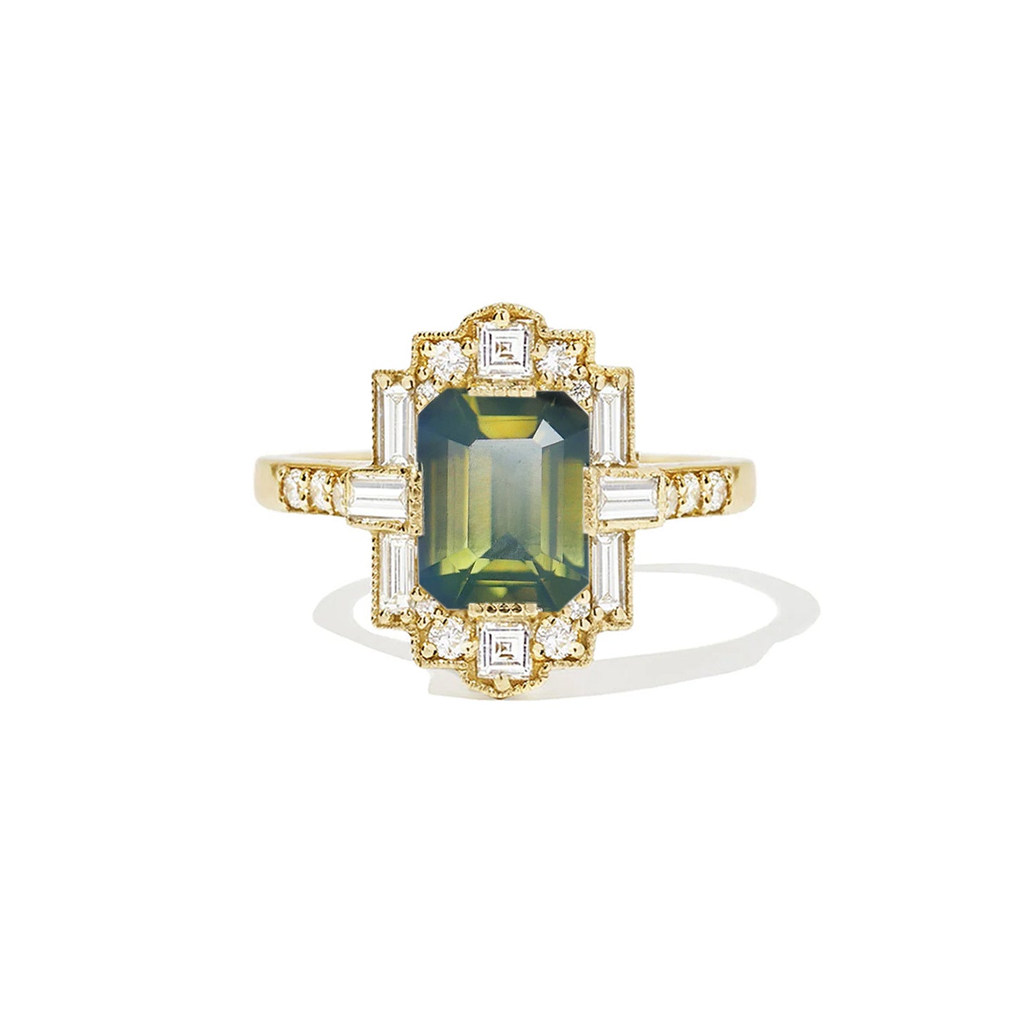 Opalescent Green Bi Color Deco Emerald Cut Diamond Mosaic Ring