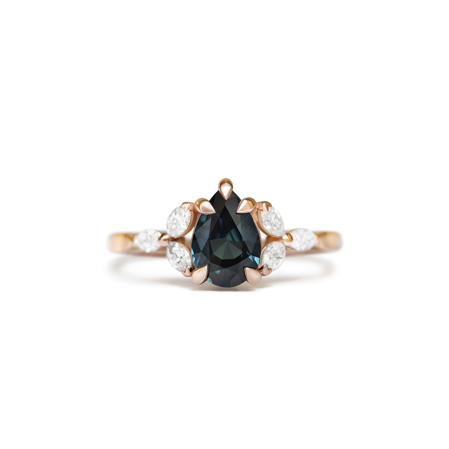 Teal Pear Sapphire and Marquise Rose Gold Ring