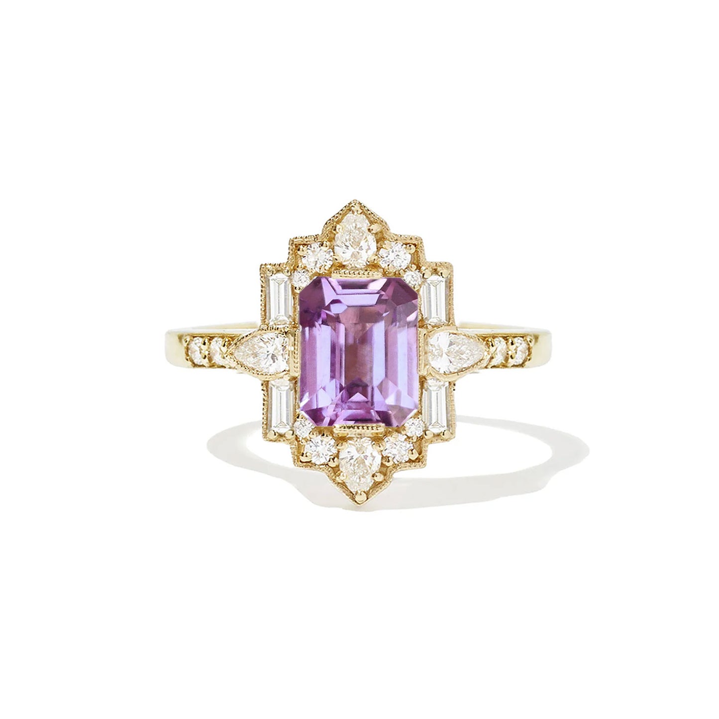 Pink Purple Sapphire Deco Emerald & Pear Diamond Mosaic Ring