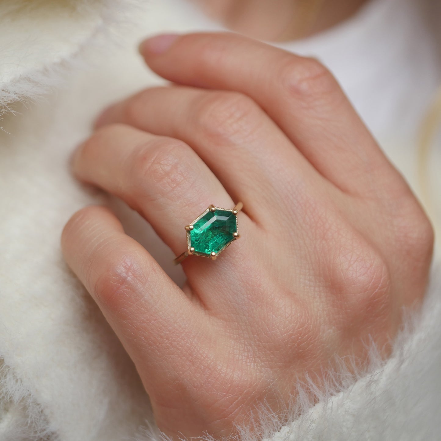 Elongated Hexagon Emerald Solitaire Ring
