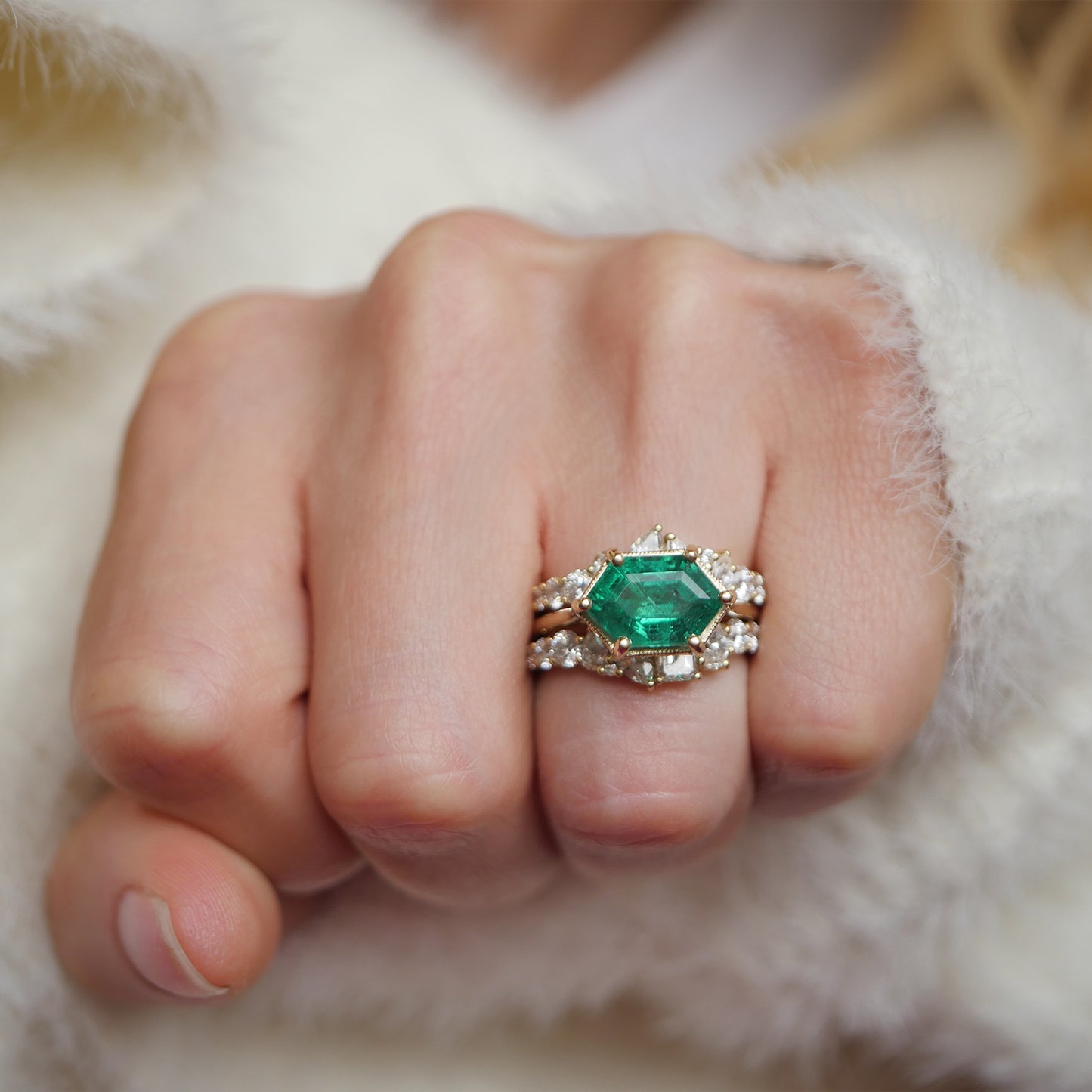 Elongated Hexagon Emerald Solitaire Ring