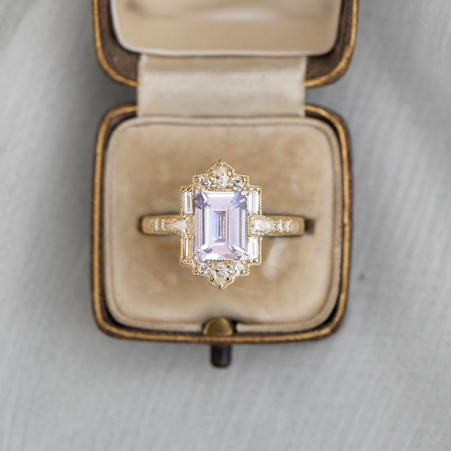 Lavender Sapphire Deco Pear and Emerald Cut Diamond Ring