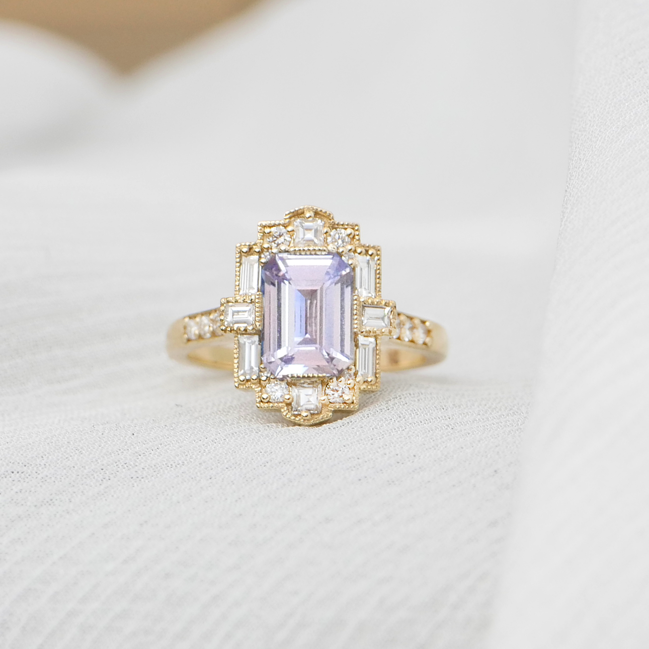 Lavender Emerald Cut Sapphire Deco Halo Diamond Ring