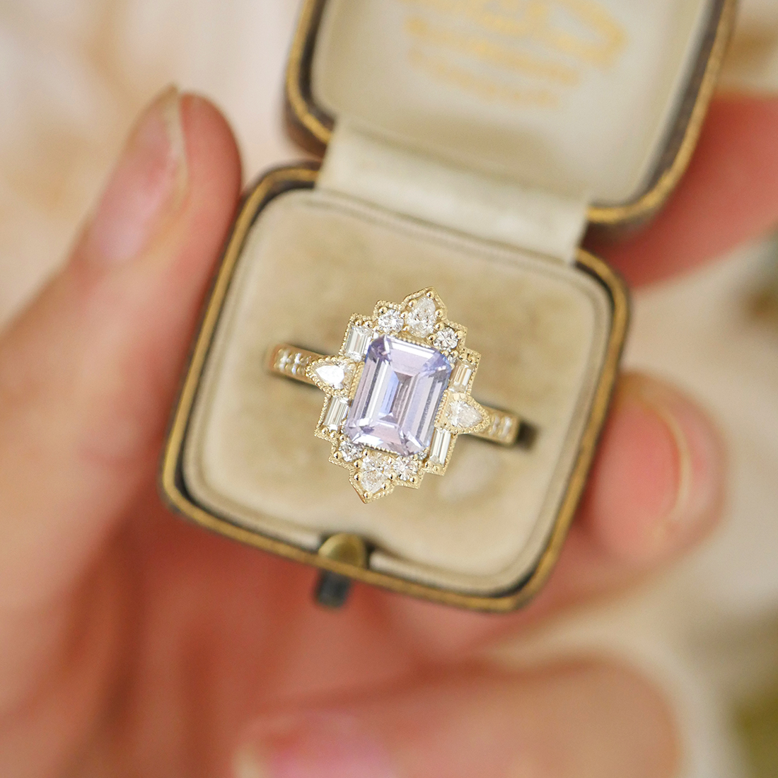 Lavender Sapphire Deco Pear and Emerald Cut Diamond Ring