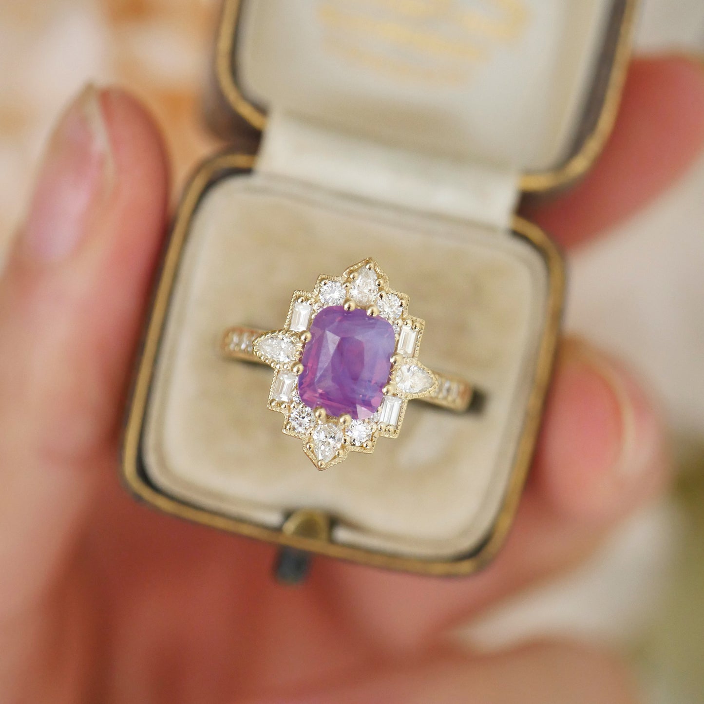Purple Milky Sapphire Deco Pear & Emerald Diamond Mosaic Ring