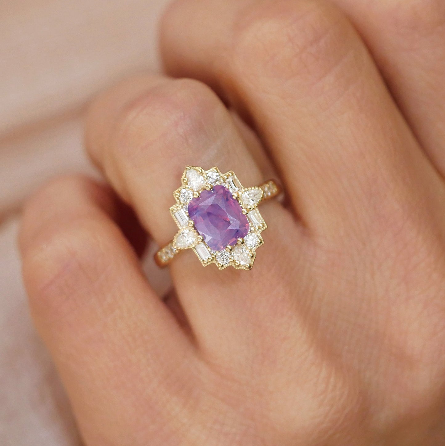 Purple Milky Sapphire Deco Pear & Emerald Diamond Mosaic Ring