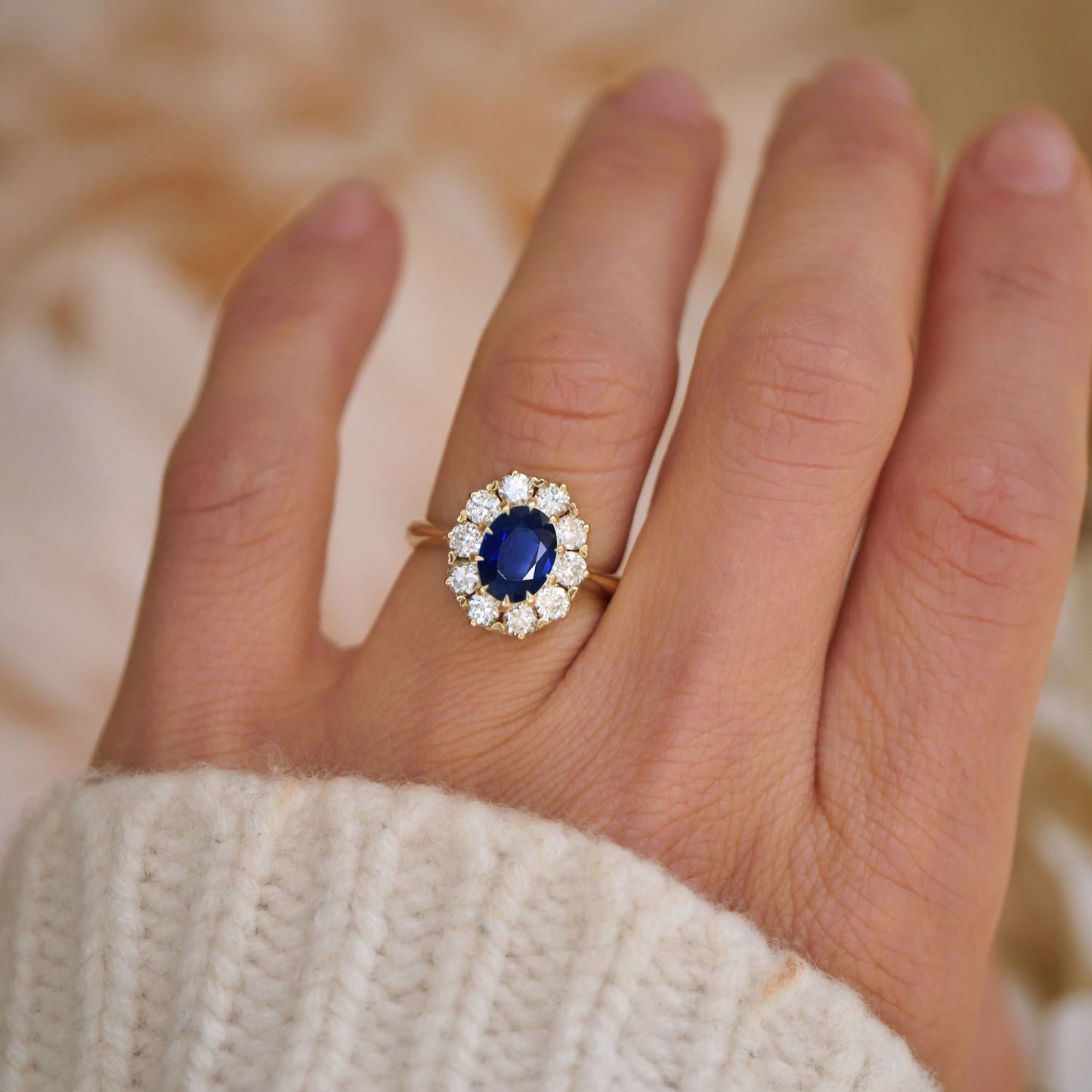 Sapphire & Old European Cut Diamond Cluster Ring