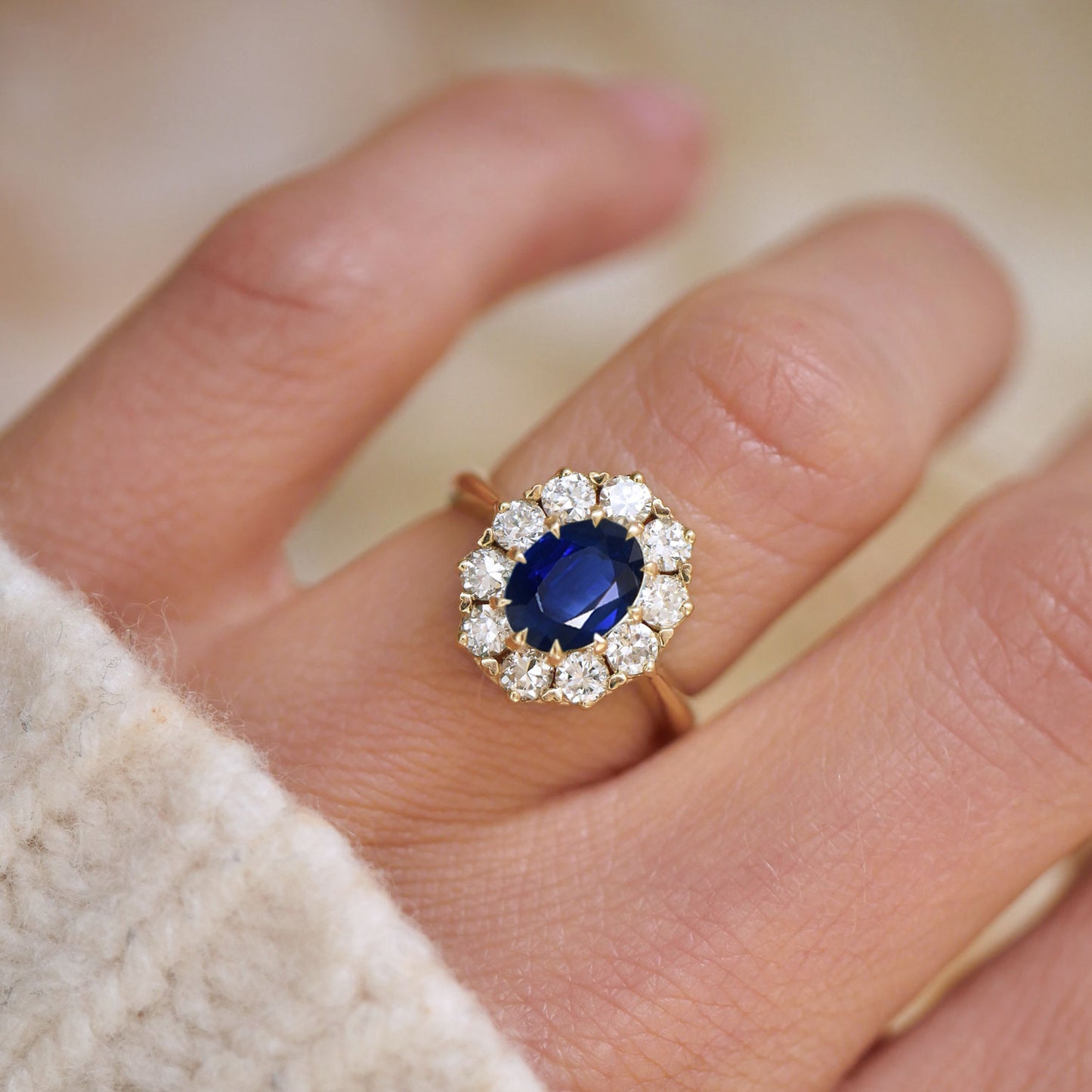 Sapphire & Old European Cut Diamond Cluster Ring