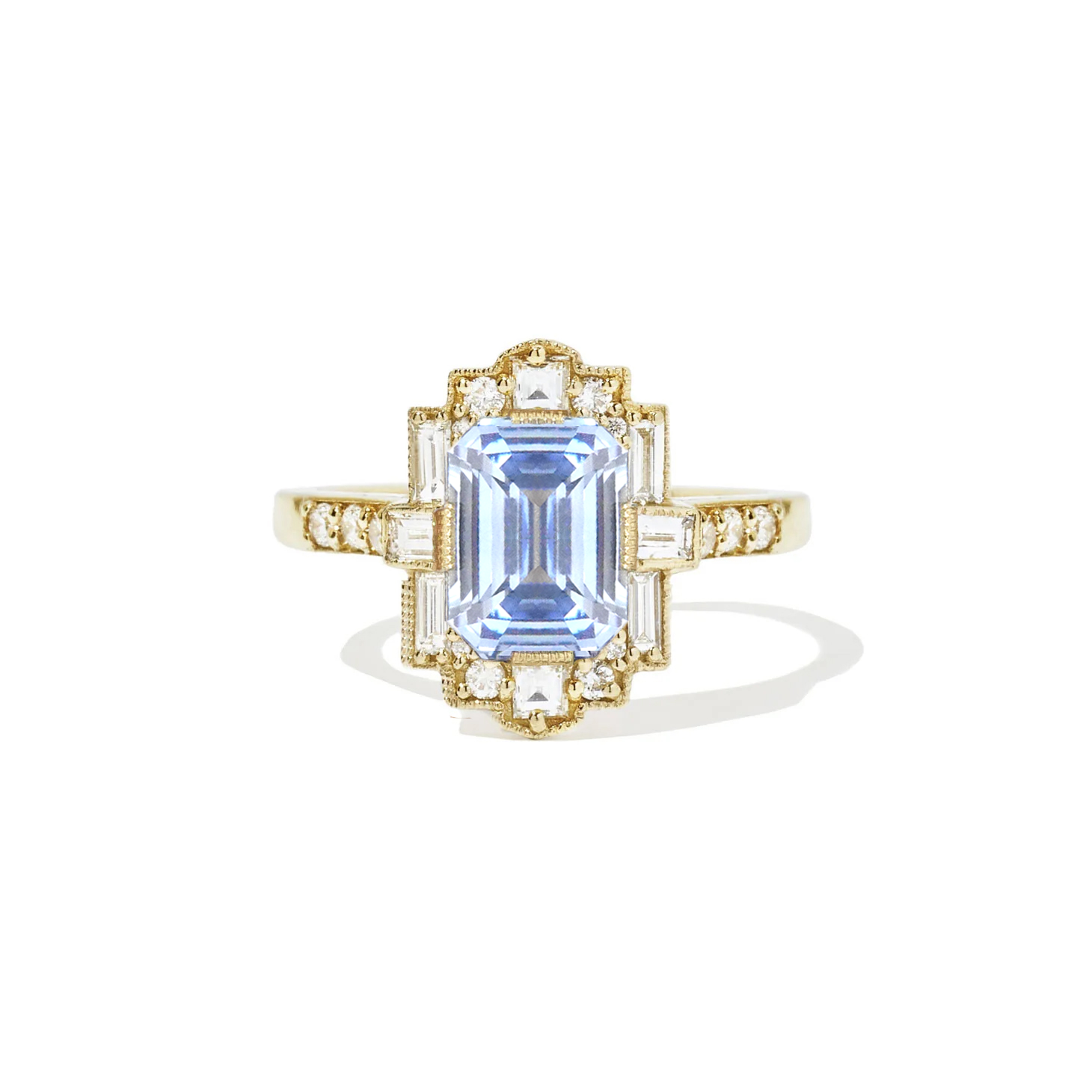 Sky Blue Emerald Cut Sapphire Deco Halo Diamond Ring