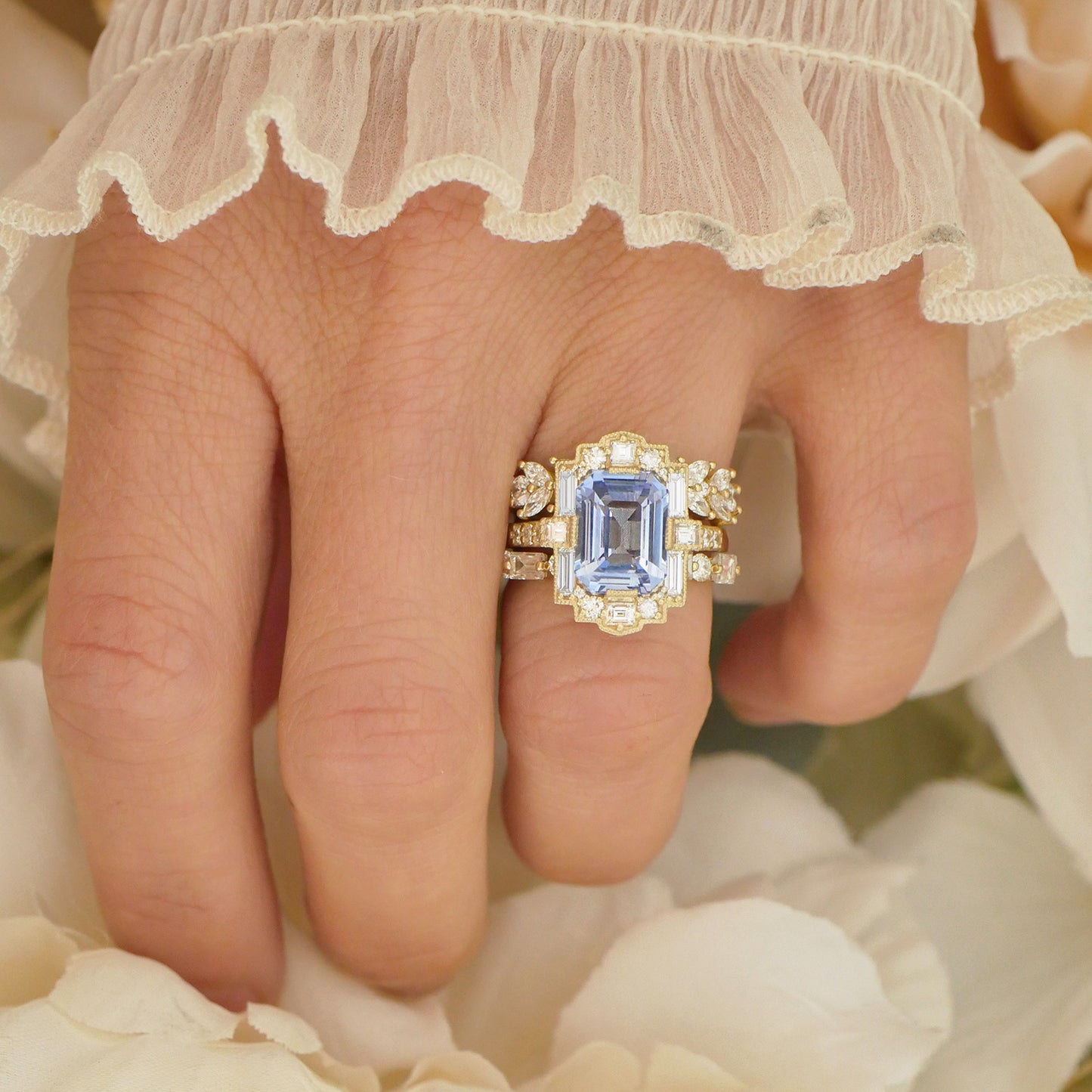 Sky Blue Emerald Cut Sapphire Deco Halo Diamond Ring