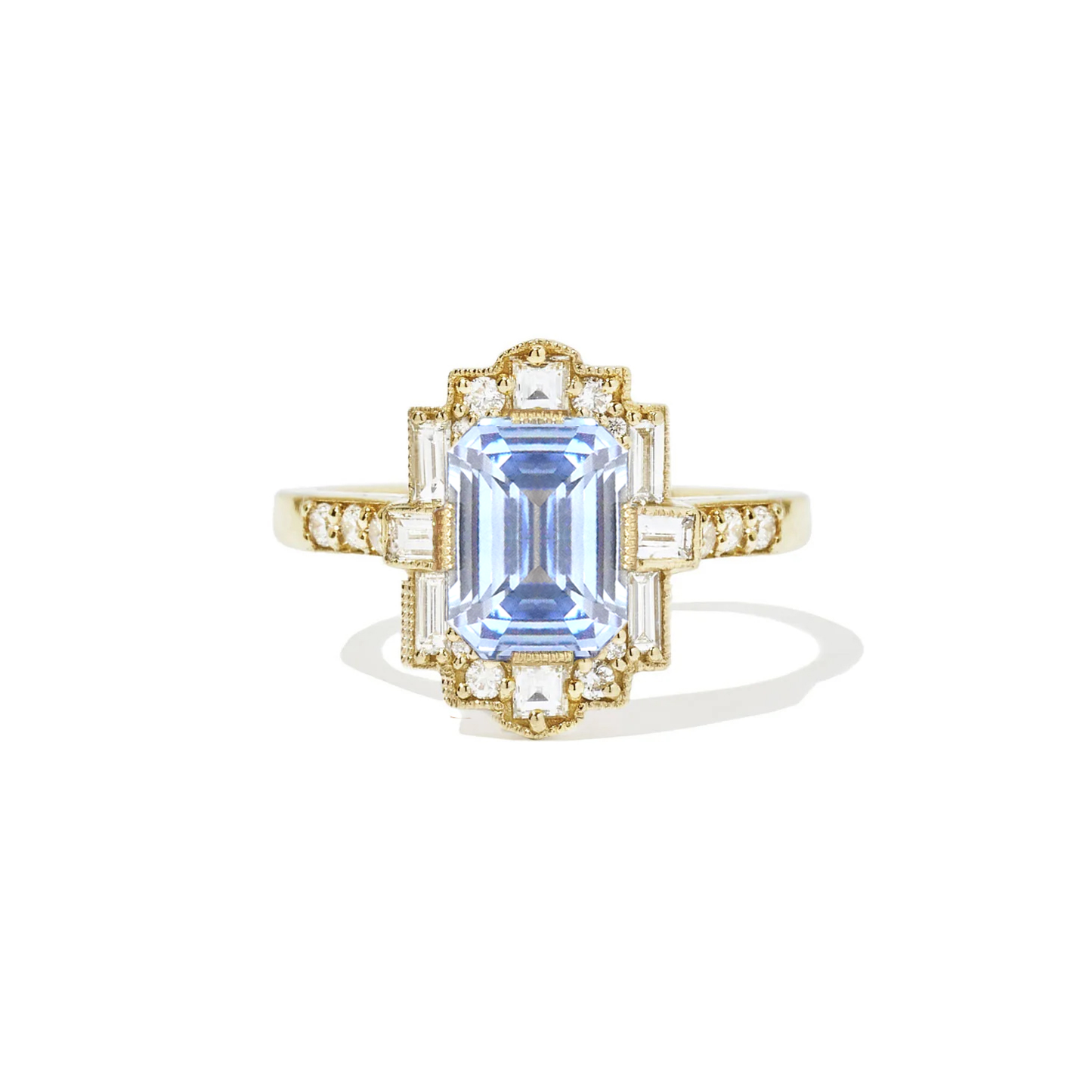 Sky Blue Emerald Cut Sapphire Deco Halo Diamond Ring