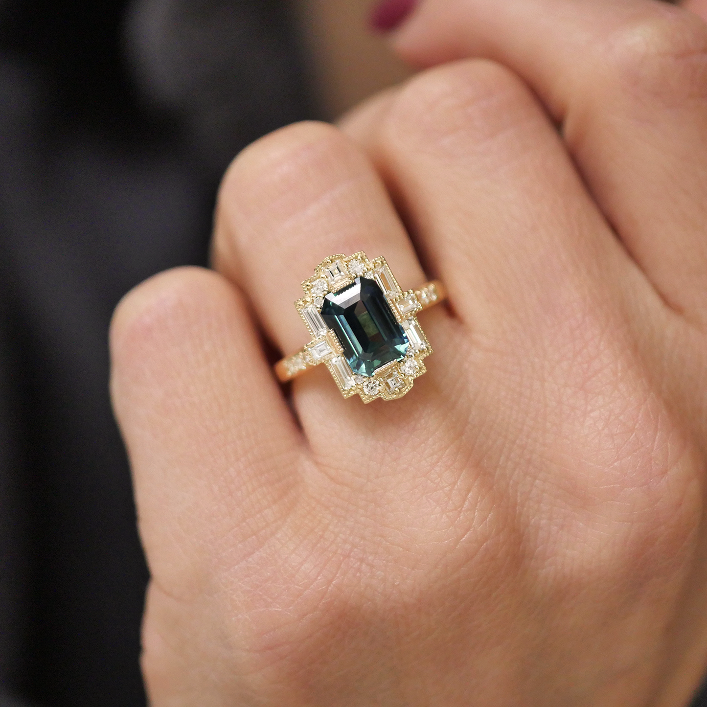 Teal Sapphire Deco Emerald Cut Diamond Mosaic Ring