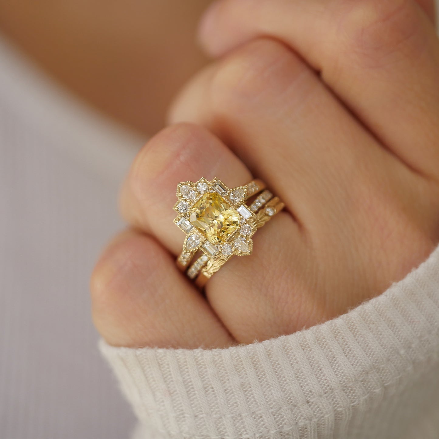 Yellow Sapphire Deco Pear and Emerald Cut Diamond Ring