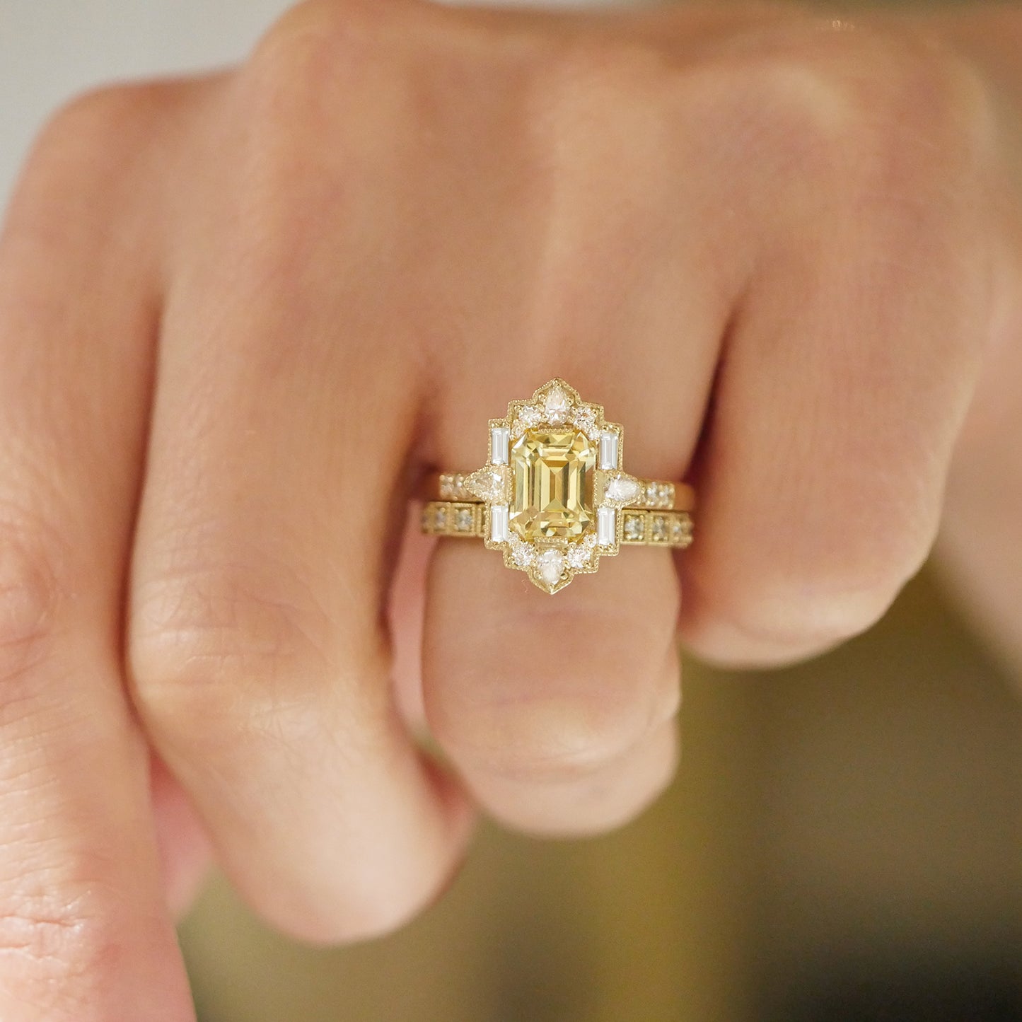 Yellow Sapphire Deco Pear and Emerald Cut Diamond Ring