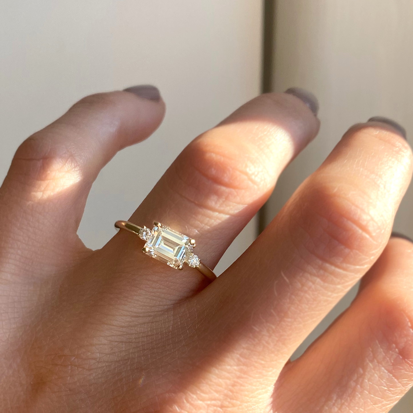 East West Emerald Moissanite Ring 7x5mm