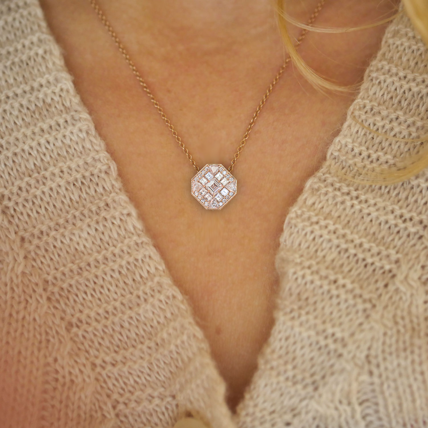 Octagon Shape Carré Cut Diamond Mosaic Necklace