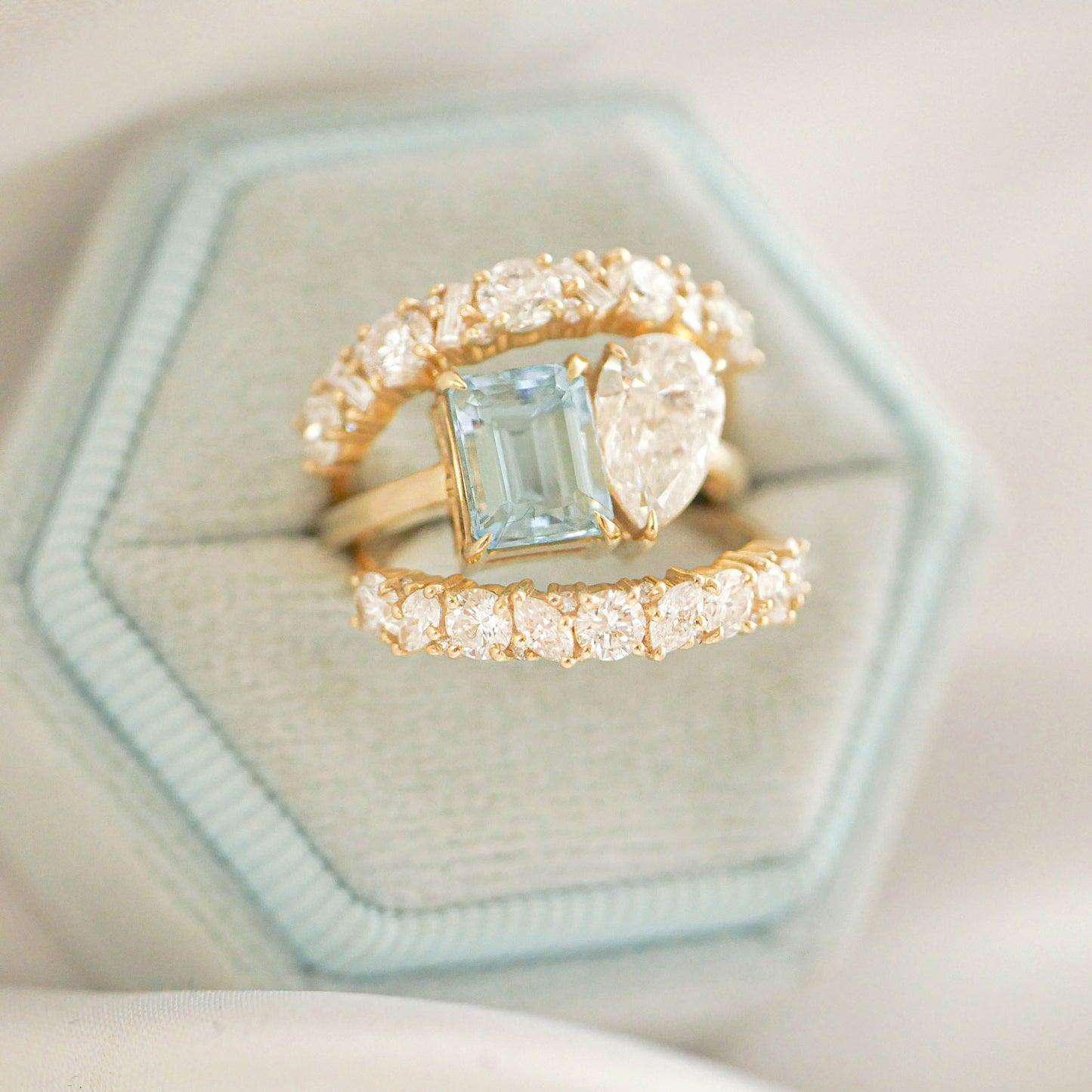 Aquamarine & Pear Diamond Toi et Moi Ring