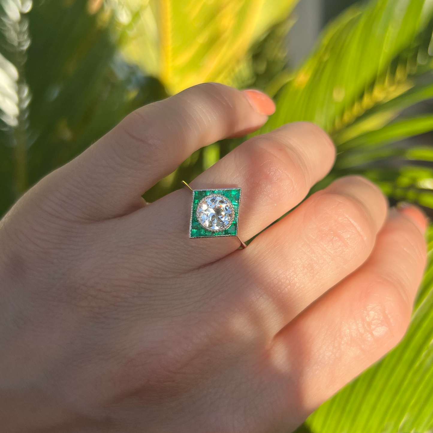 Art Deco Calibre Cut Emerald & Old European Cut Diamond Ring