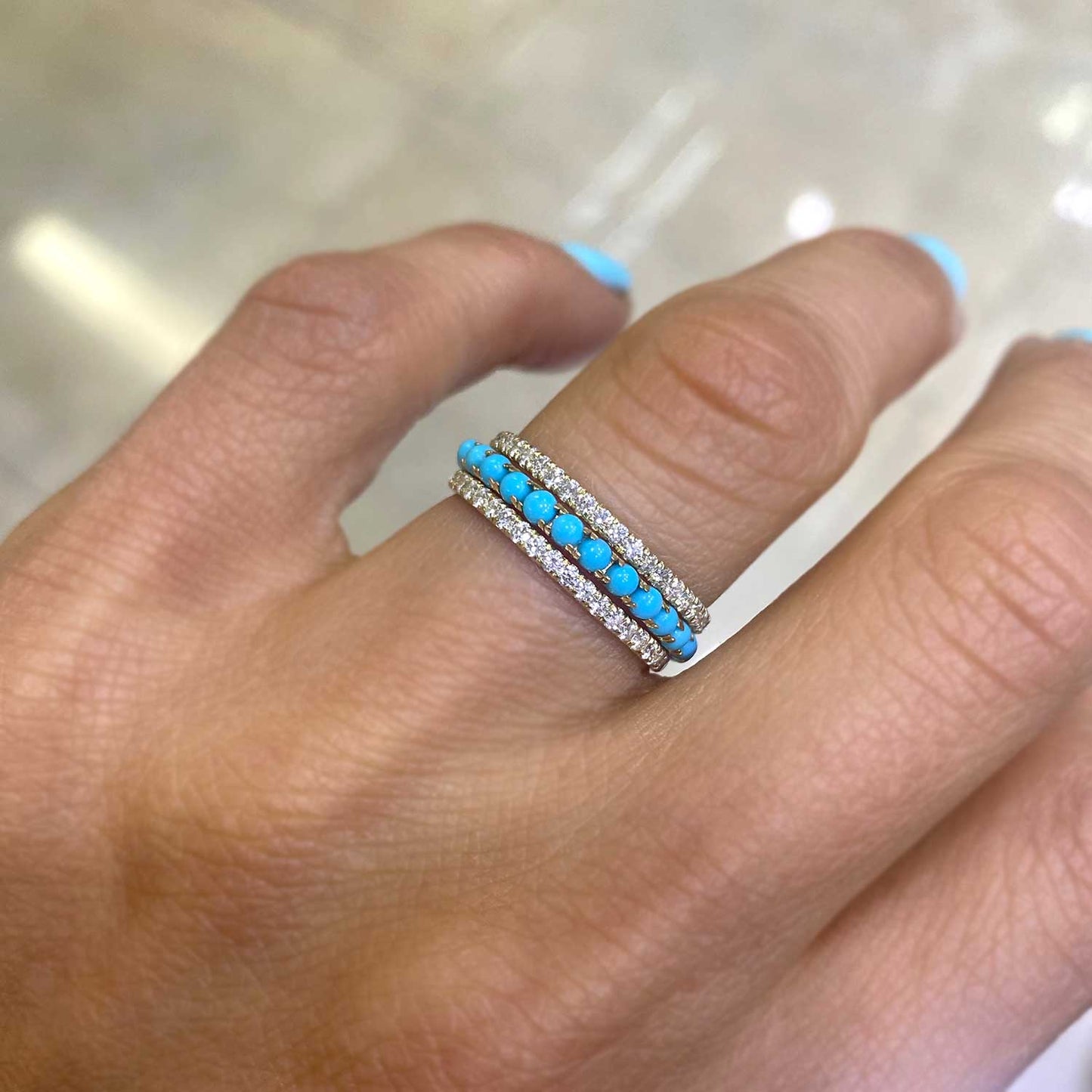 Pavé Eternity Diamond & Turquoise Stacking Ring Set