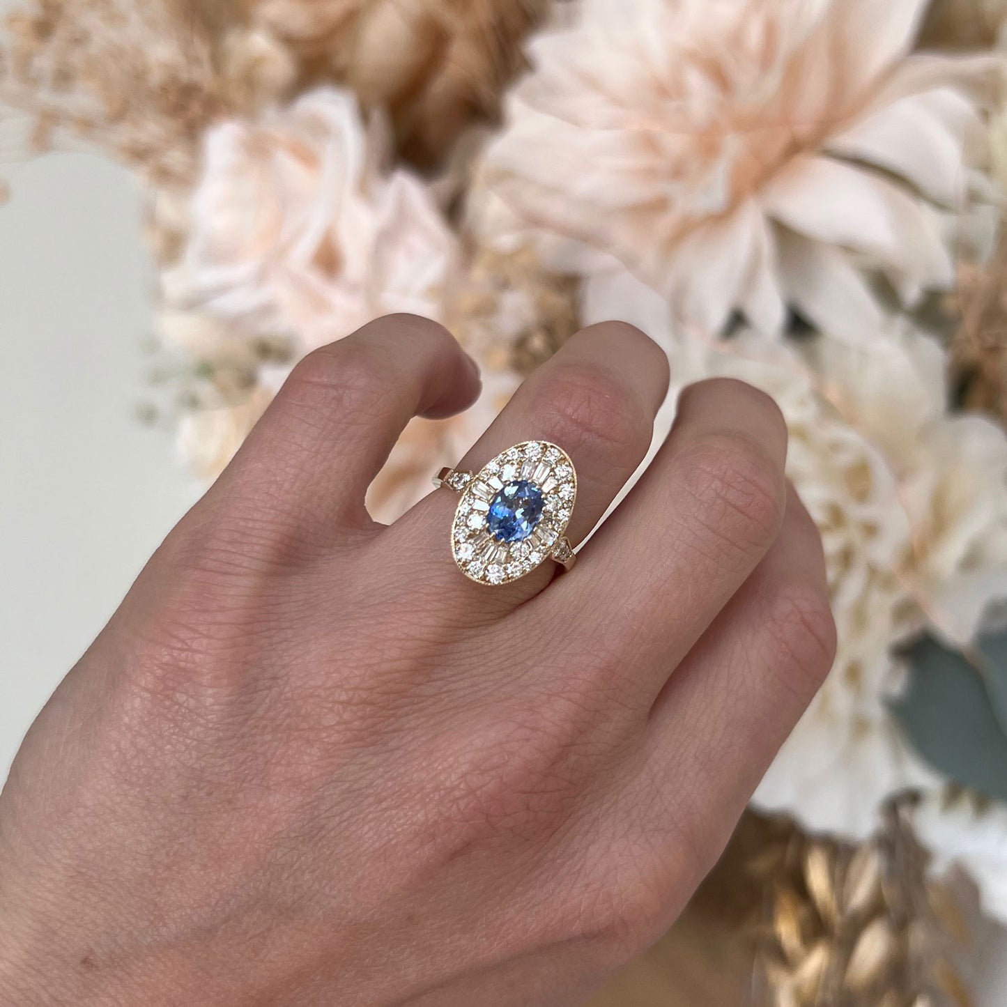 Cornflower Blue Sapphire Oval Ballerina Diamond Mosaic Ring