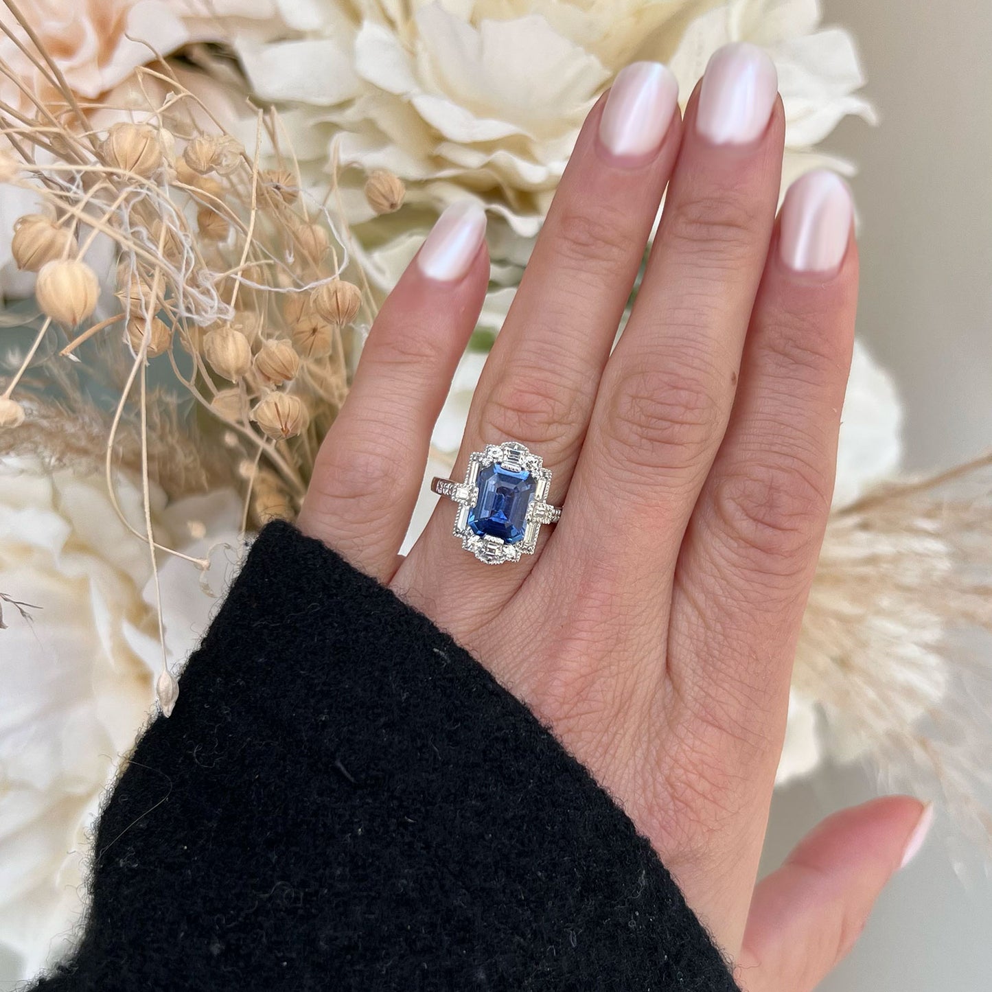 Platinum Ceylon Blue Sapphire Deco Emerald Cut Diamond Ring