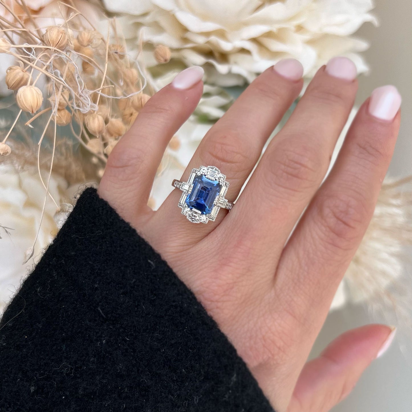 Platinum Ceylon Blue Sapphire Deco Emerald Cut Diamond Ring