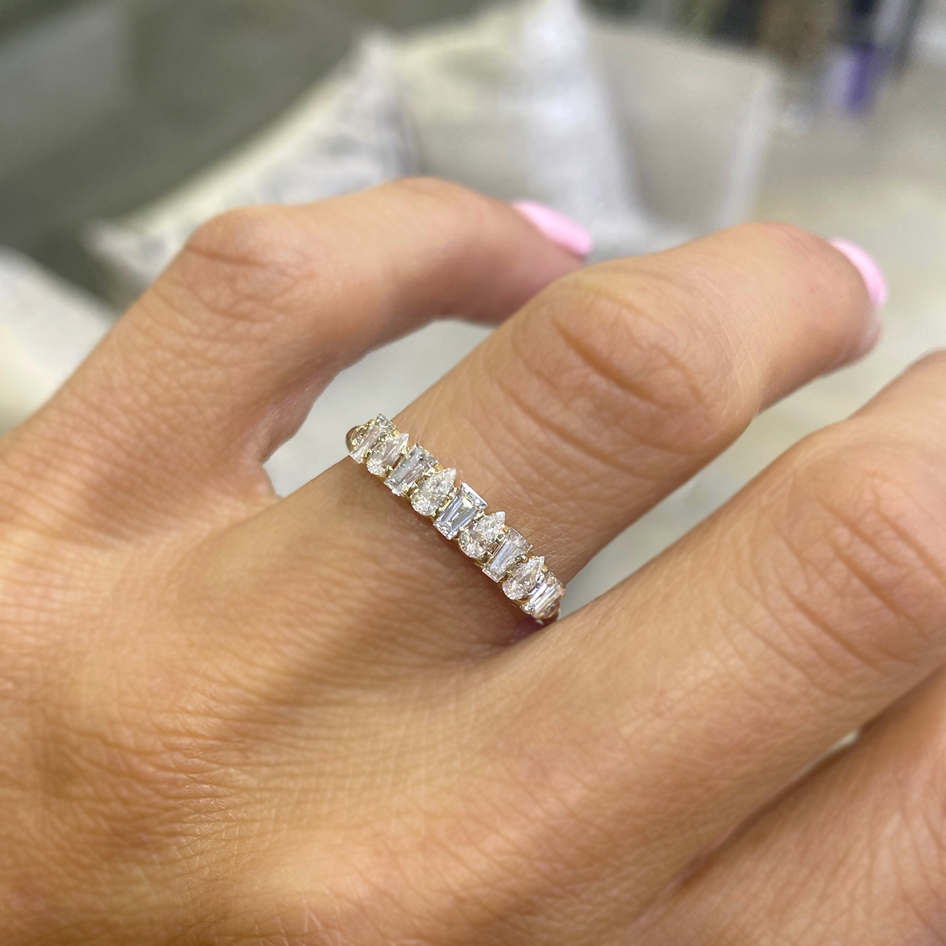 Delicate Alternating Baguette Pear Diamond Wedding Ring