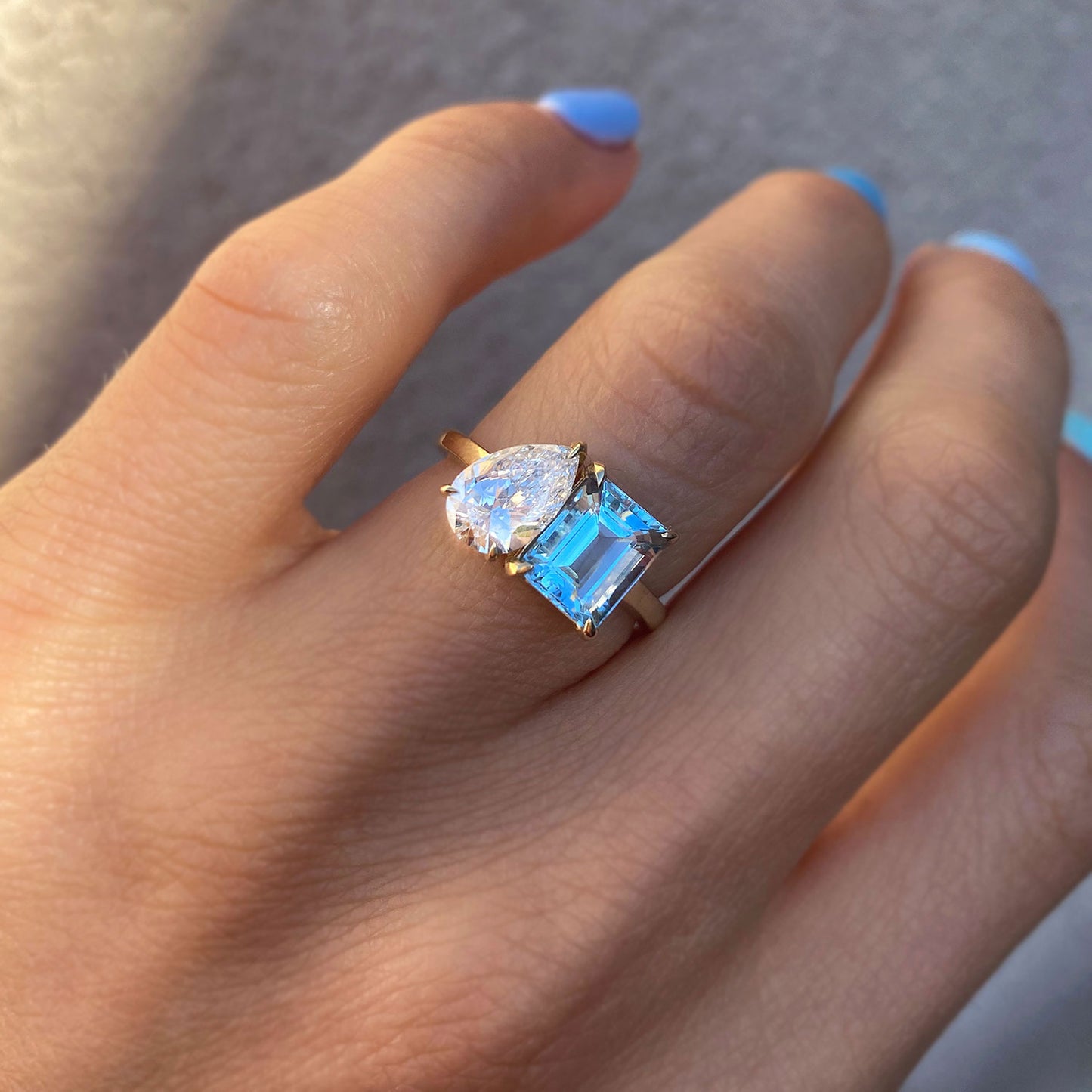 Aquamarine & Pear Diamond Toi et Moi Ring