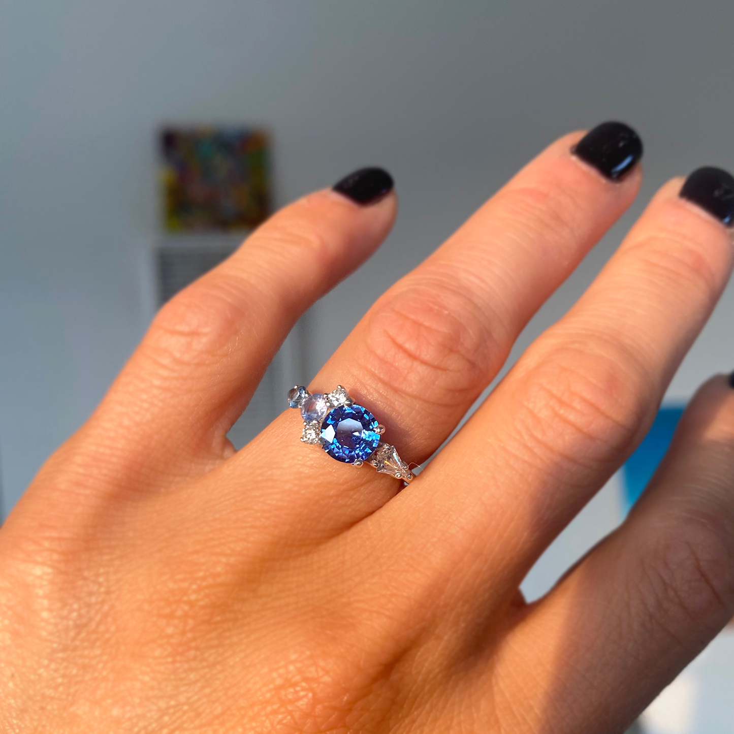 Round Blue Sapphire & Diamond Cluster Mosaic Engagement Ring