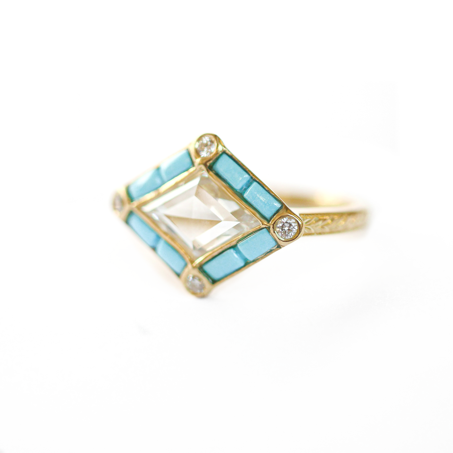 Rose Cut Kite Shaped Diamond Ring with Turquoise Halo