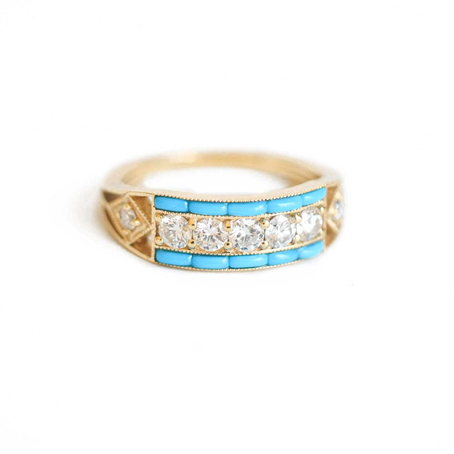 Art Deco Five Diamond Ring with Turquoise