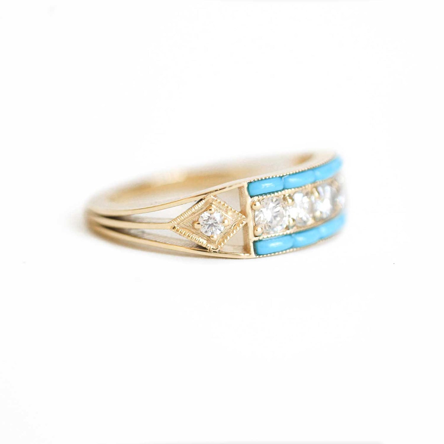 Art Deco Five Diamond Ring with Turquoise