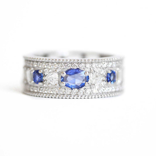 Custom East West Oval Rose Cut Ring with 3/4 diamond pattern & Cylon Sapphires
