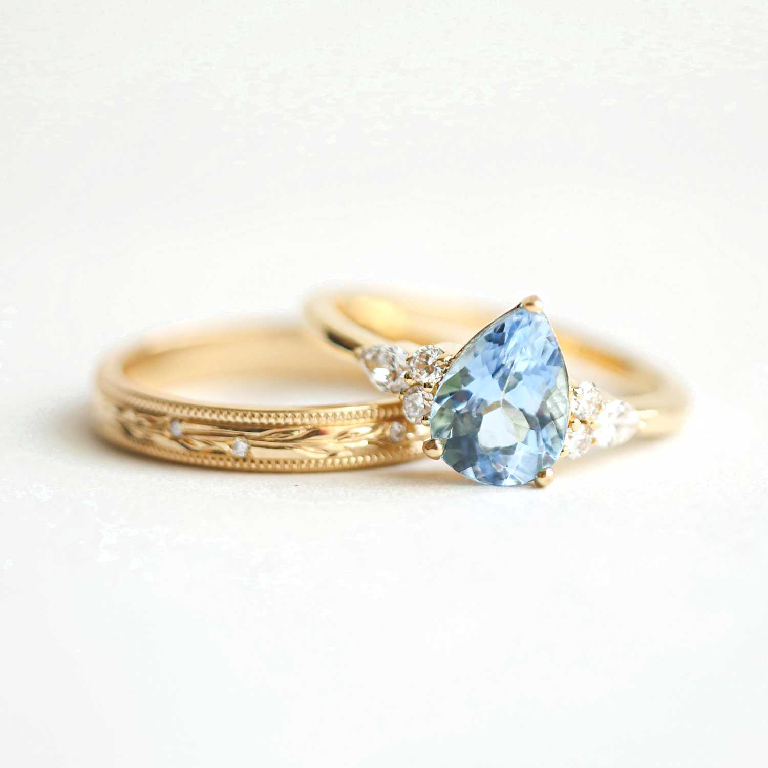 Aquamarine, Pear, and Round Diamond Engagement Ring