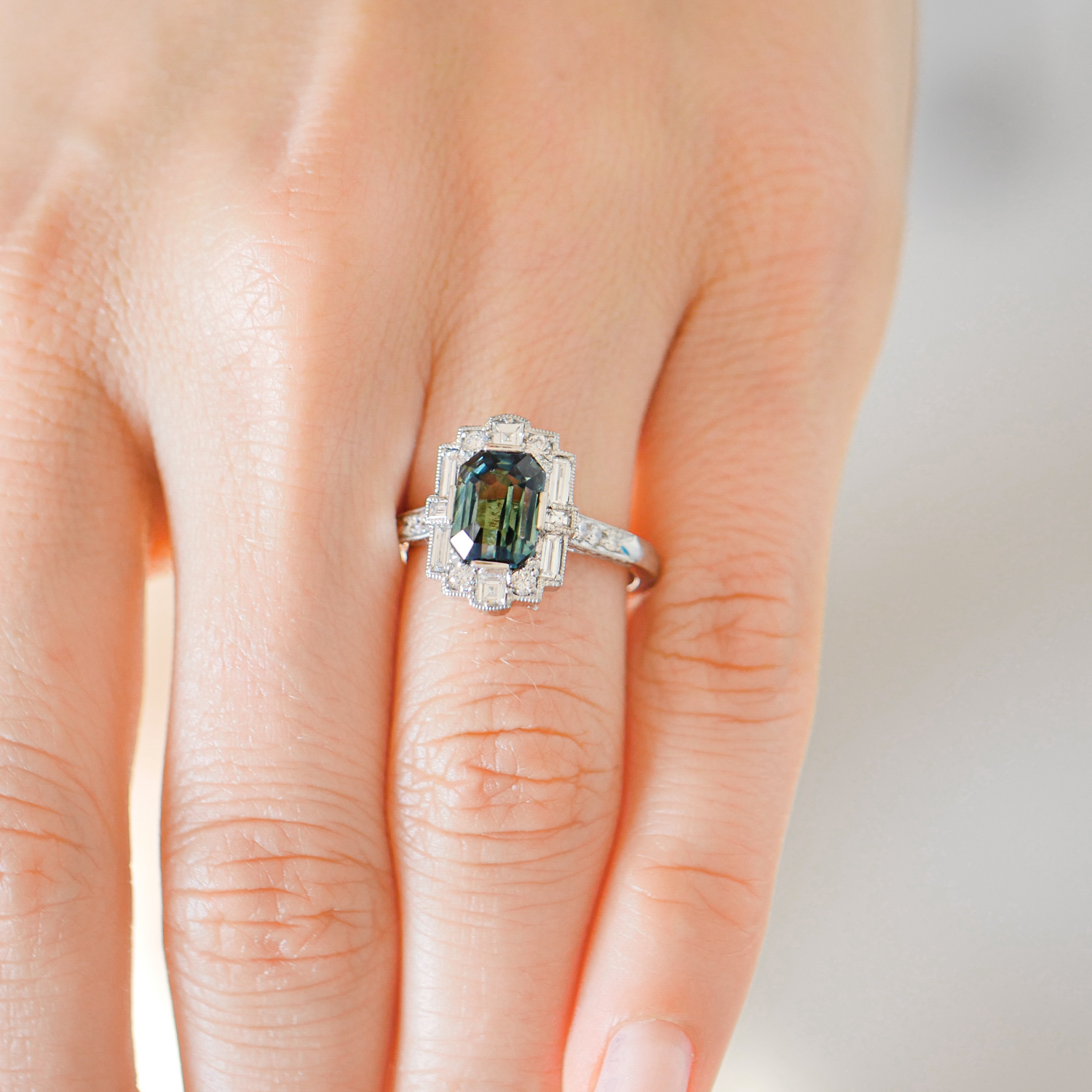 Blue Green Emerald Cut Sapphire Deco Halo Engagement Ring