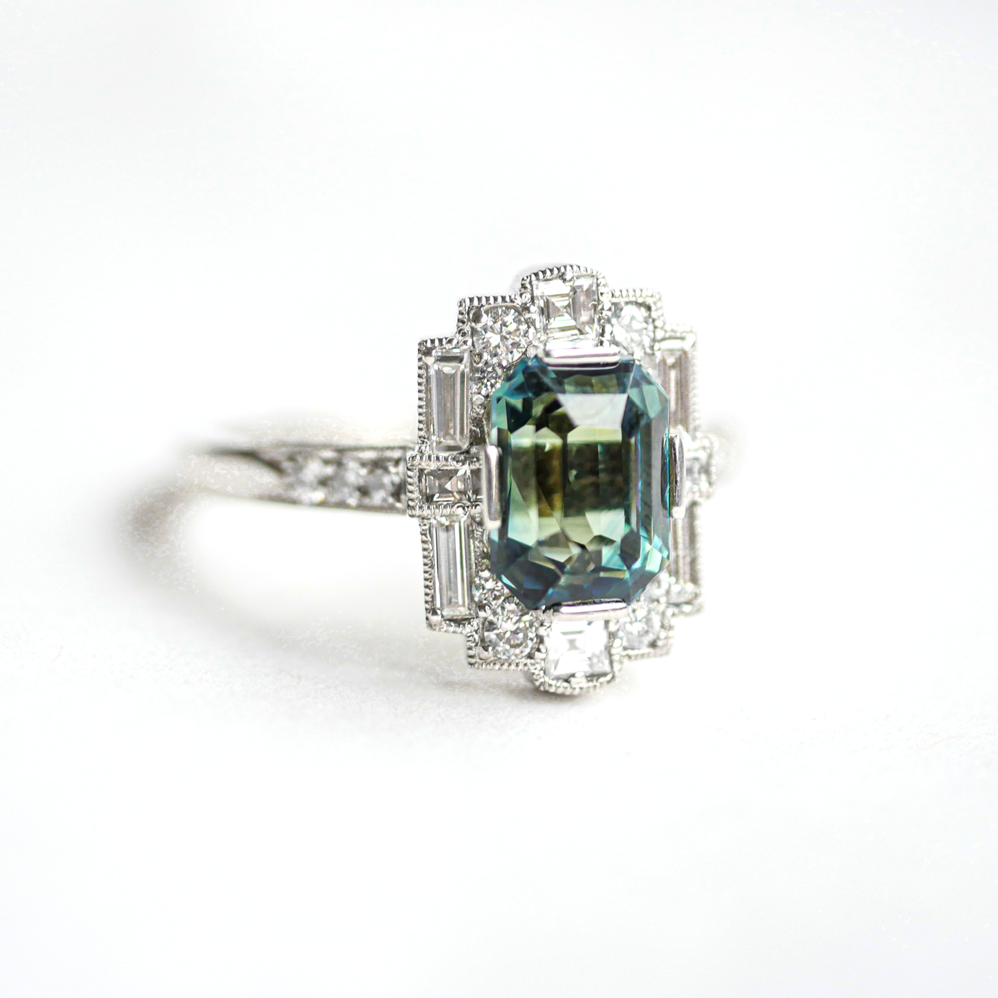 Blue Green Emerald Cut Sapphire Deco Halo Engagement Ring