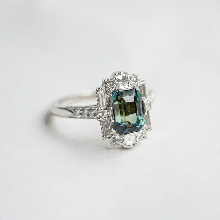 Blue Green Emerald Cut Sapphire Halo Engagement Ring | Berlinger Jewelry